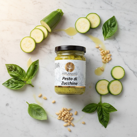 Pesto di Zucchine Asplanato - lifestyle su marmo con zucchine fresche
