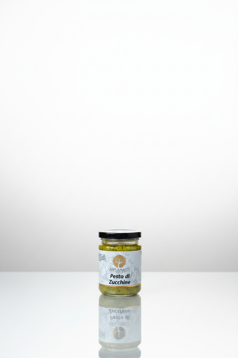 Pesto di Zucchine Asplanato - pack shot sfondo bianco con riflesso